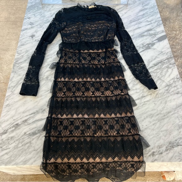 Forever That Girl, black maxi dress. Lace overlay over a nude sheath. - Picture 3 of 7